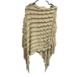 MaxSport Cream Knit Scalloped Fringe Poncho Shawl Wrap